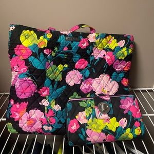 Floral Vera Bradley tote bag with black background and matching wallet.